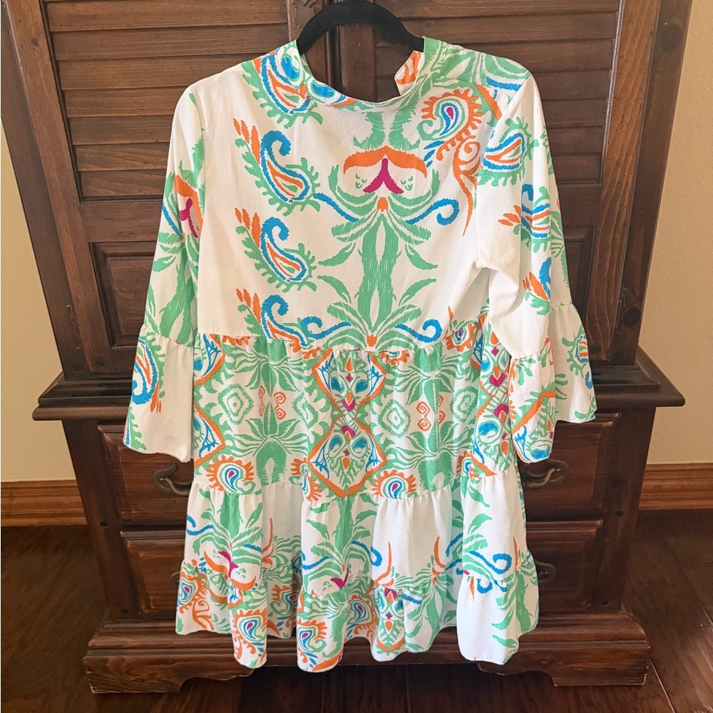 Girls' White Floral Tiered Dress with Green & Orange Print - Picture 3 of 4